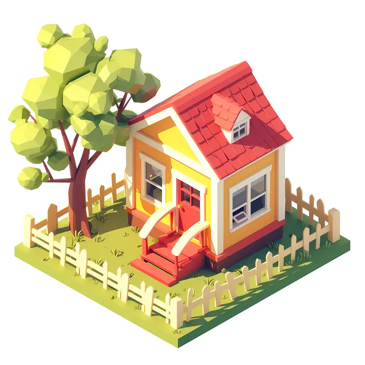 Small cute yellow house with fence
