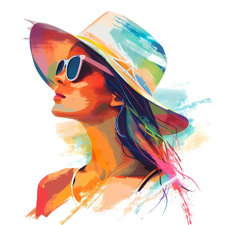 Woman with Hat and Sunglasses in Colorful Illustration