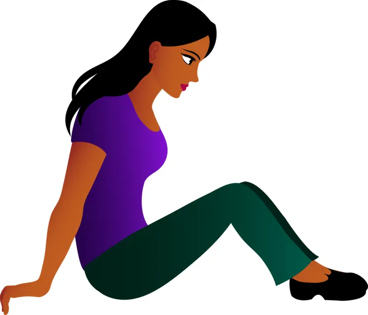 Woman Sitting in Purple Shirt and Green Pants