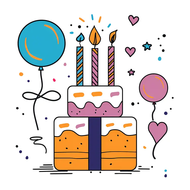 Birthday Cake with Candles and Balloons