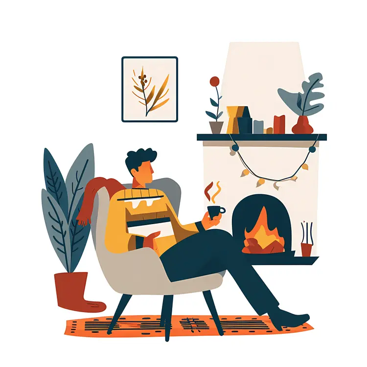 Cozy Man with Cup by Fireplace