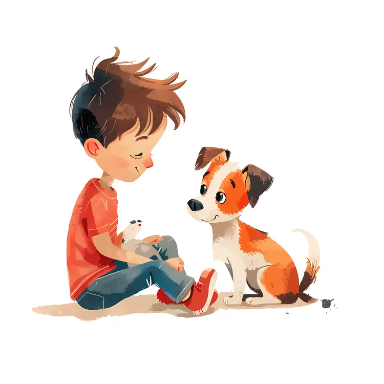 Cartoon Boy Sitting with Dog Illustration