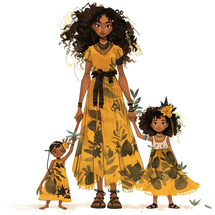 Mother and Daughters in Yellow Dresses