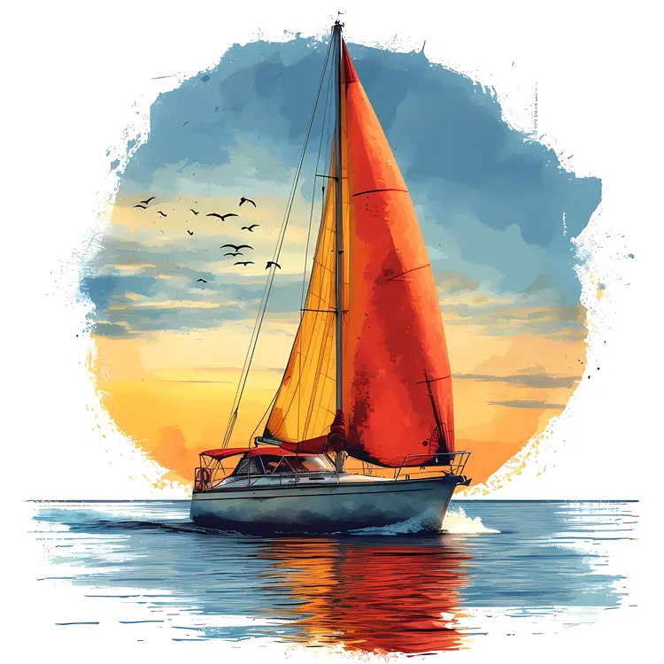 Sailboat with Orange Sail at Sunset