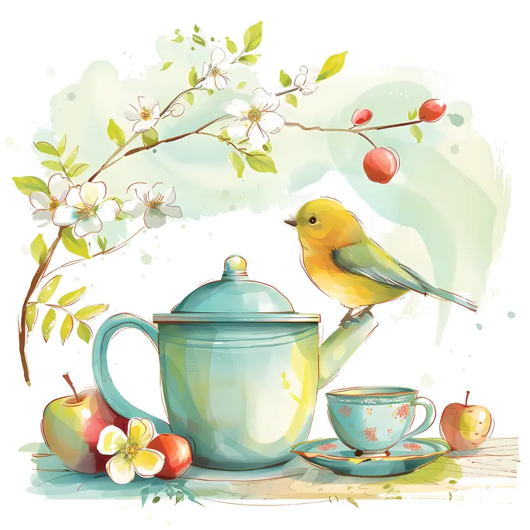 Teapot with Bird and Blossoms