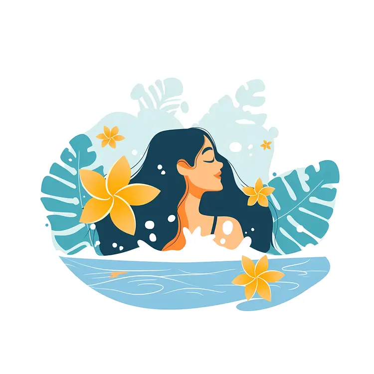 Girl in Water with Flowers and Leaves