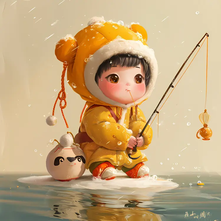 Cute Child Fishing in Snow