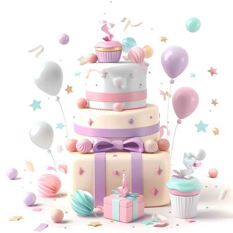 Colorful Cake with Balloons and Presents