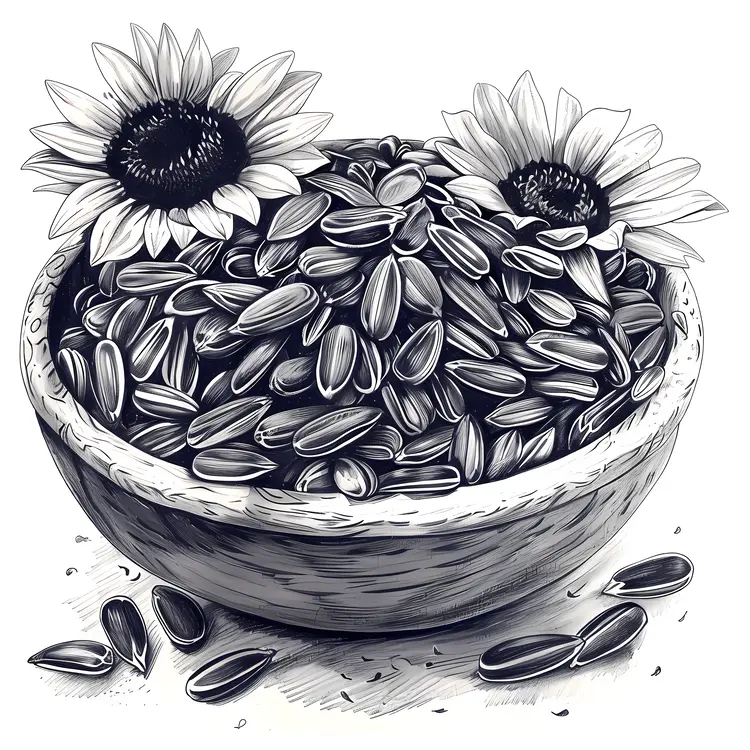 Sunflower and Seeds in a Bowl Illustration