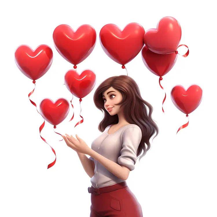 Girl with Multiple Red Heart Balloons