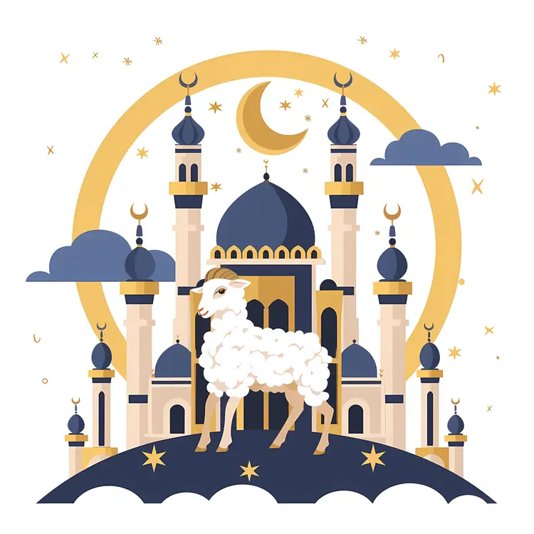 Sheep in Front of Mosque Illustration