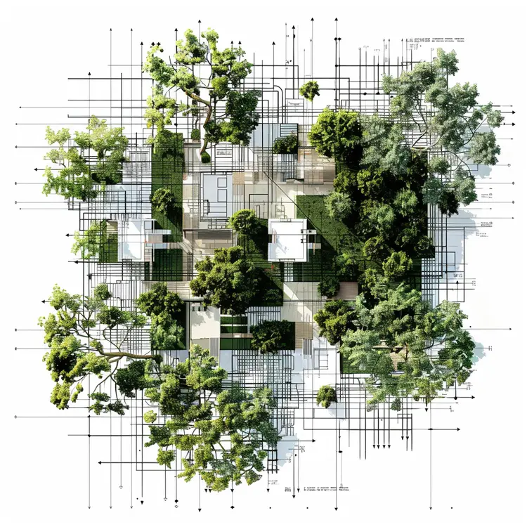 Architectural Design with Trees and Blueprint