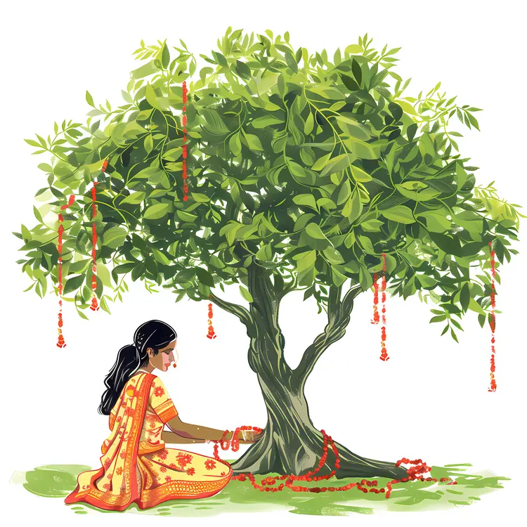 Traditional Woman with Tree Illustration