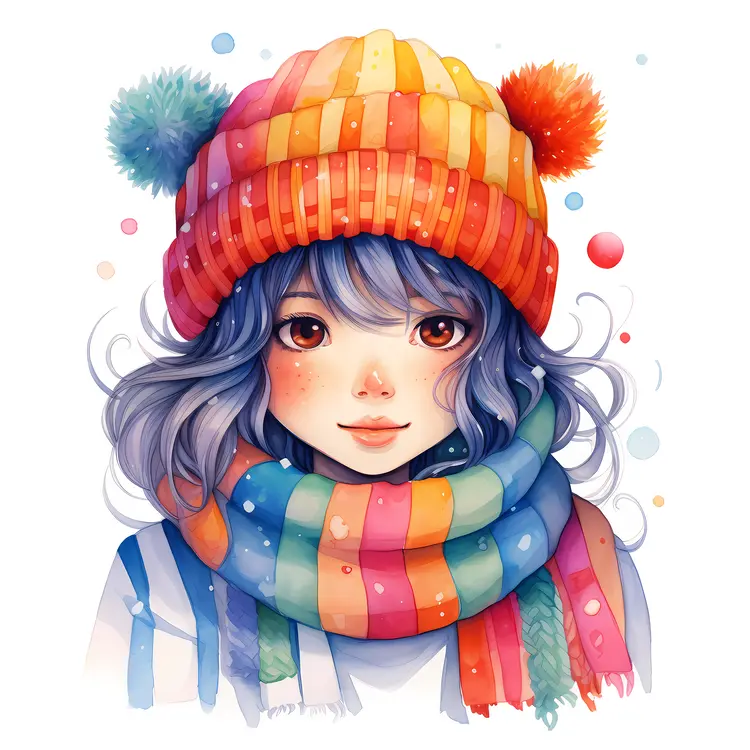 Girl with Colorful Hat and Scarf in Winter Clothing