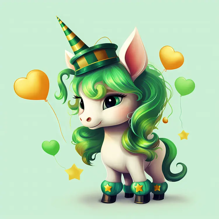 Cute Green-haired Unicorn with Balloons and Hat
