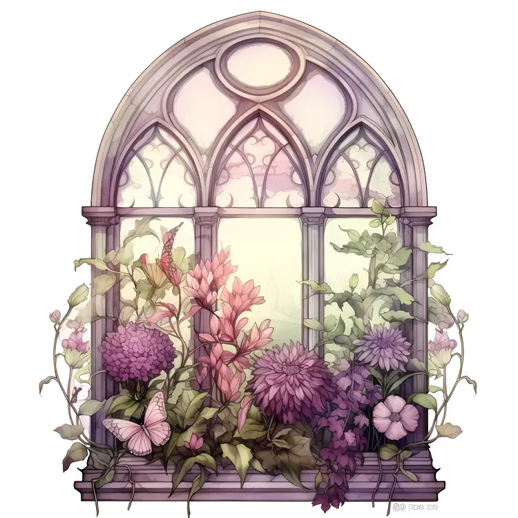 Charming Window with Flowers and Butterfly