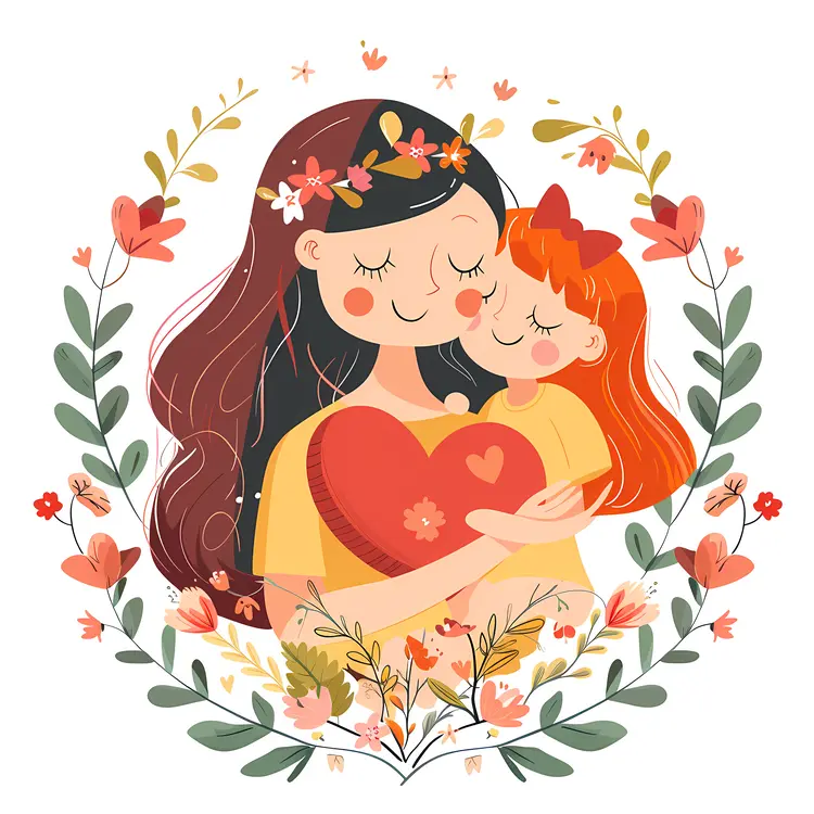 Mother and Daughter with Heart and Floral Background
