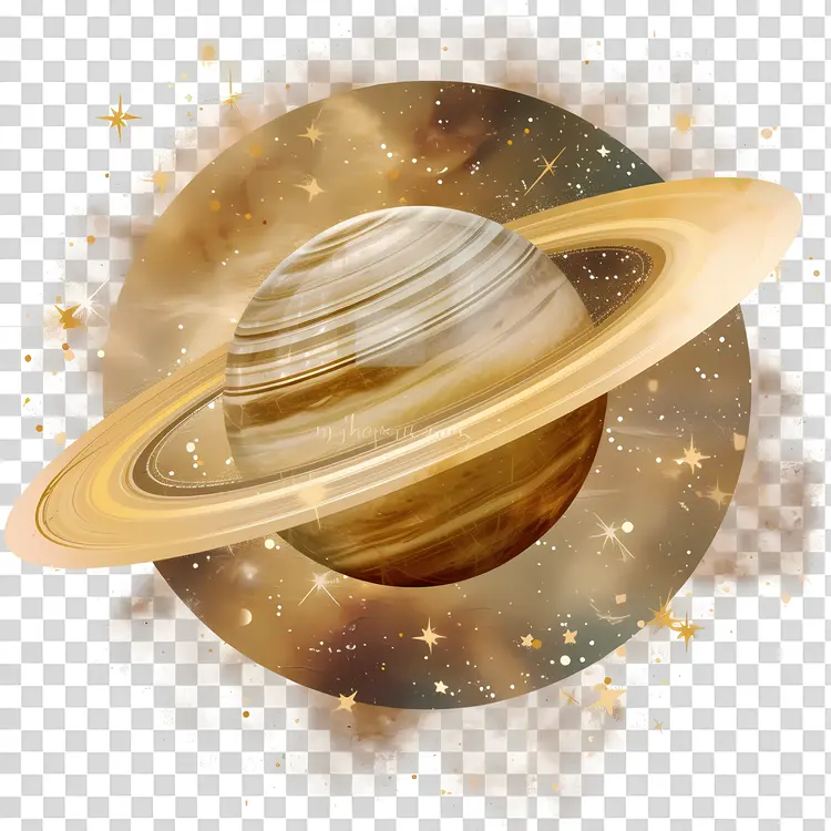 Golden Saturn with Rings in Space