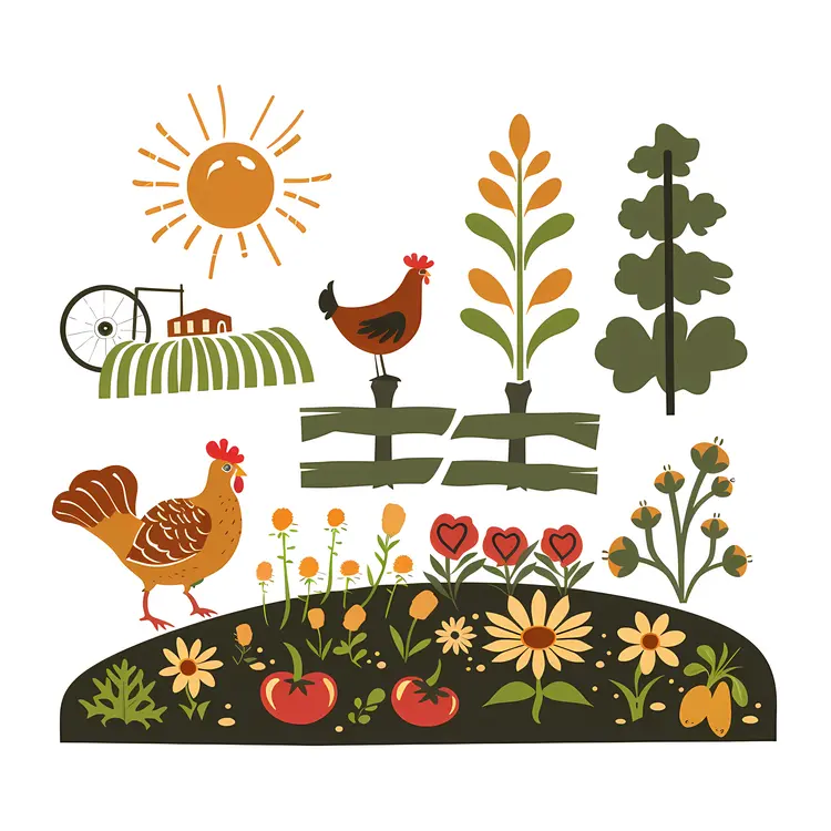 Farm Elements with Chickens and Plants