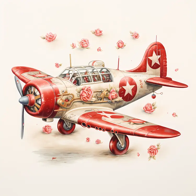 Red Airplane with Stars and Roses