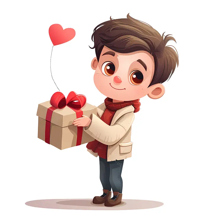 Boy Holding Gift with Heart Balloon