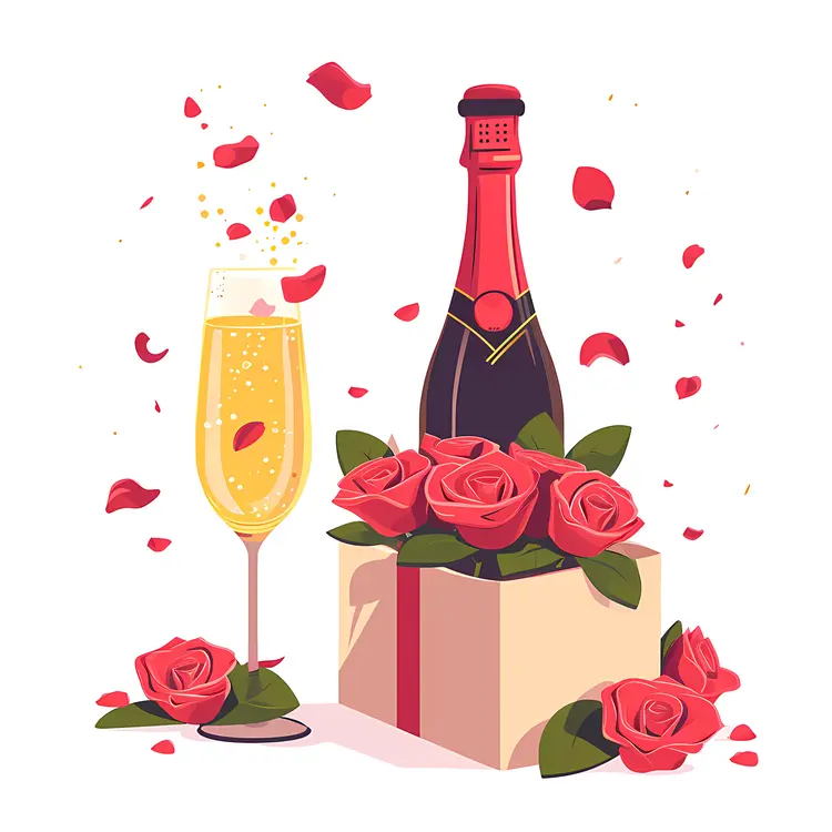 Champagne Bottle with Roses and Petals