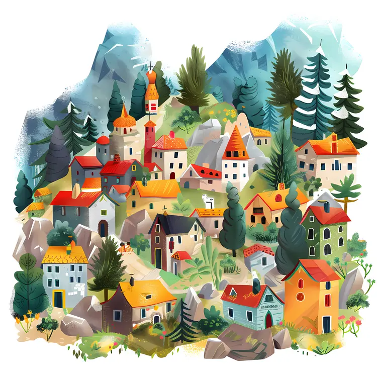 Cute Doodle Village with Colorful Houses