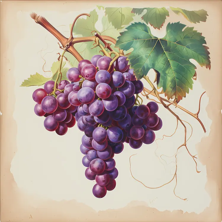 Cluster of Purple Grapes with Leaves