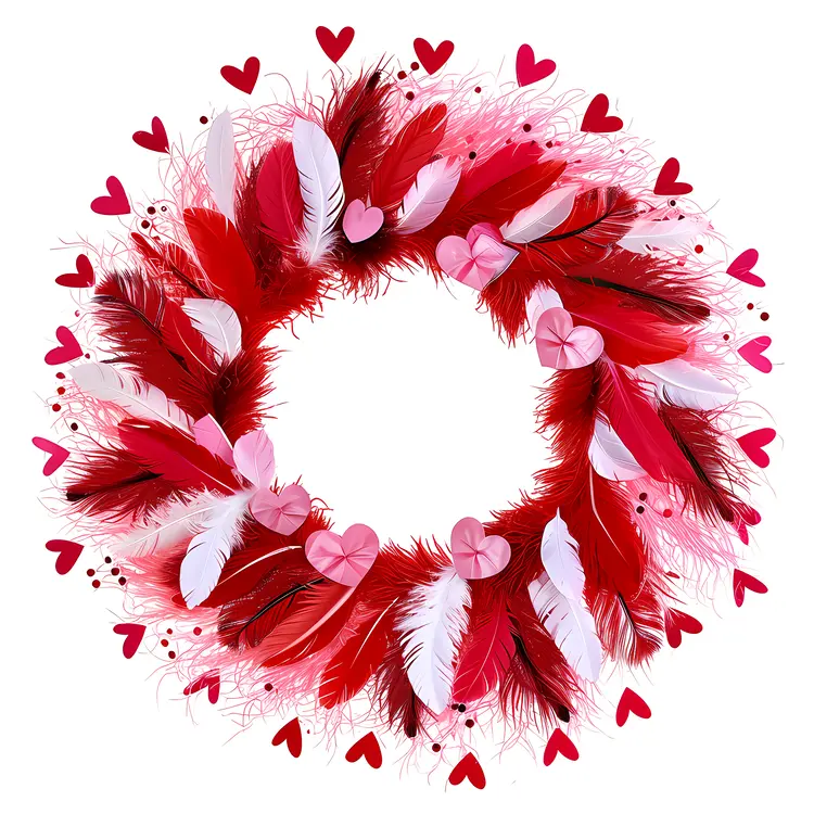Red and Pink Feather Wreath with Hearts