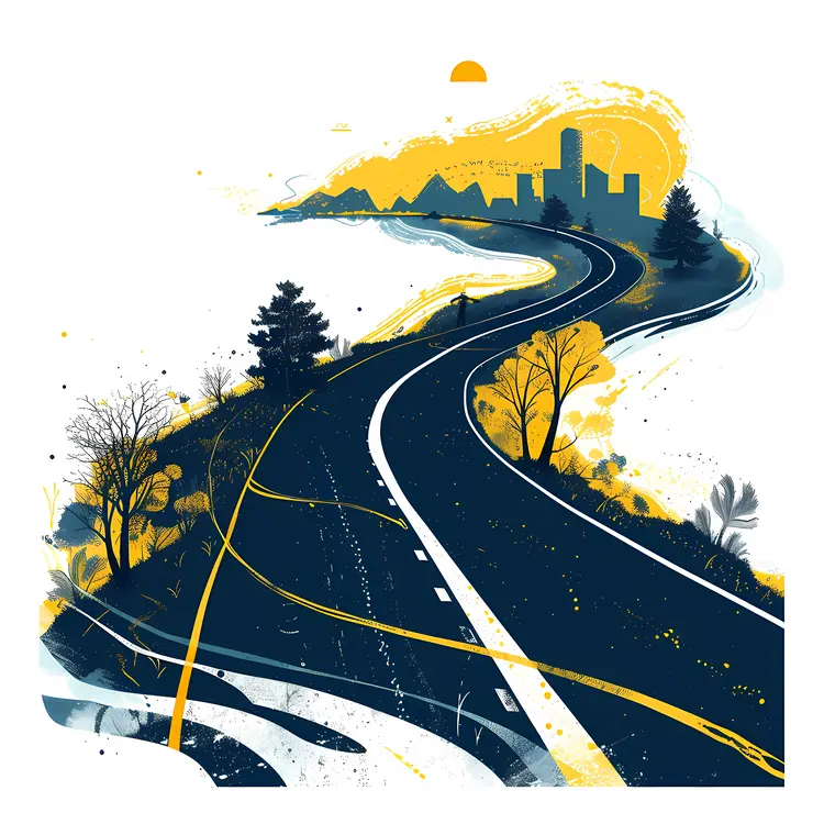 Winding Road at Sunset Leading to Cityscape