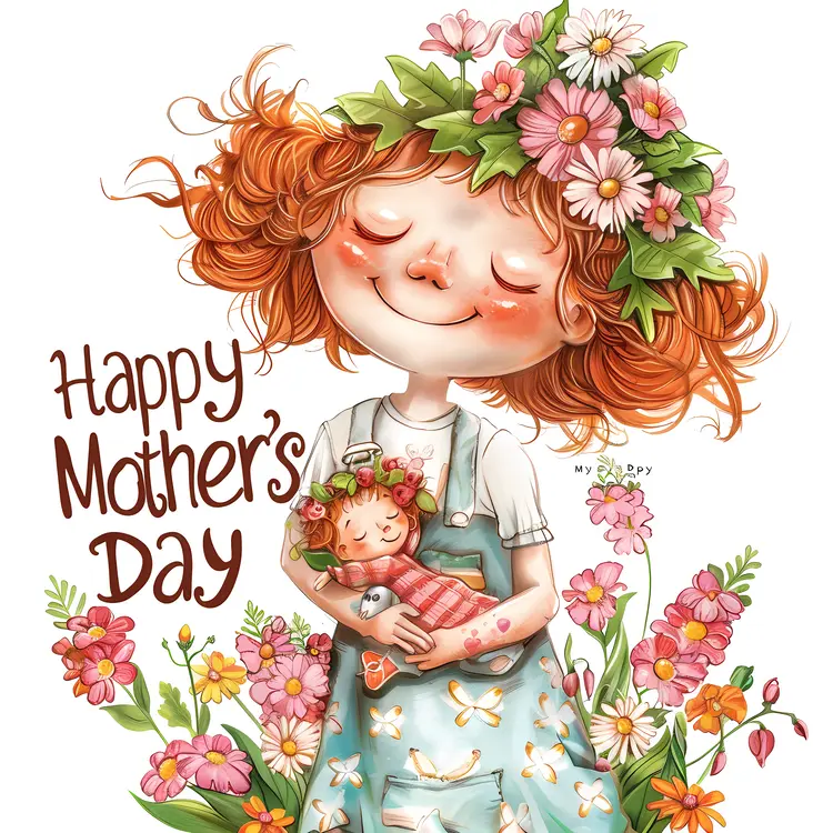 Happy Mother's Day Card with Girl Holding Doll