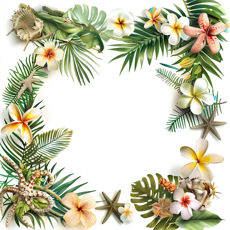 Tropical Floral Frame with Leaves and Flowers