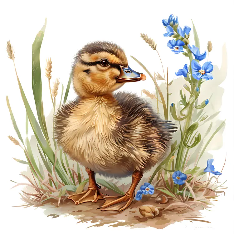 Duckling with Blue Flowers