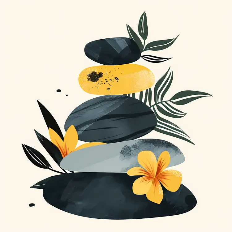 Zen Stacked Stones with Yellow Flowers