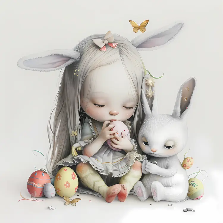 Sweet Girl with Bunny and Easter Eggs