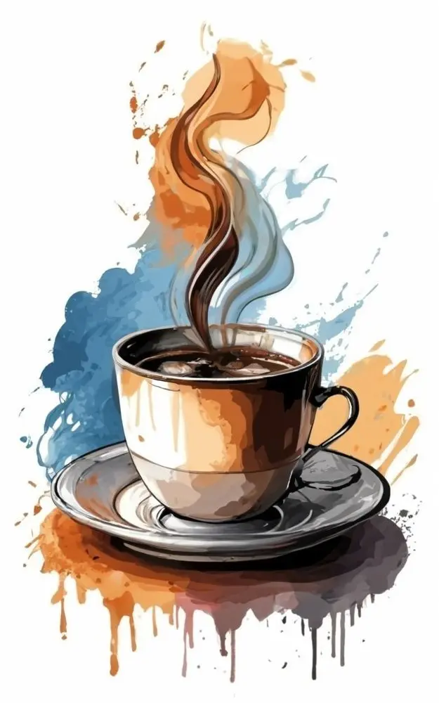 Steaming cup of coffee with colorful background