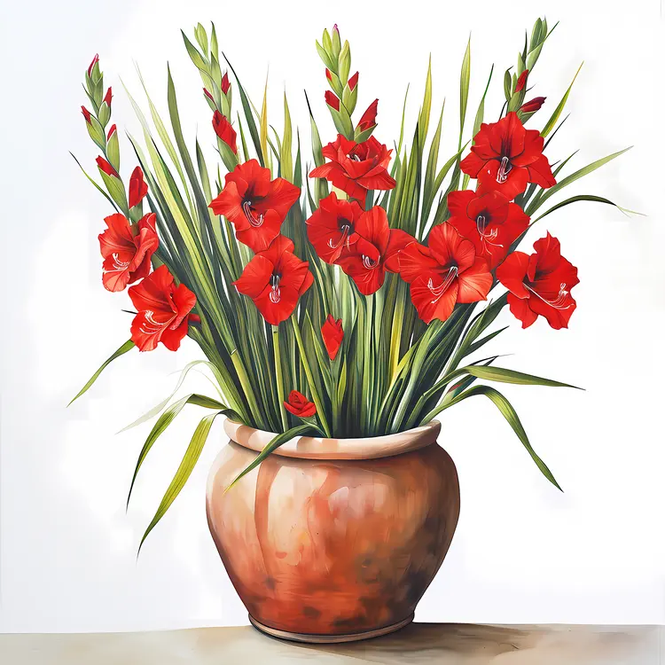 Red Gladiolus in Terracotta Pot