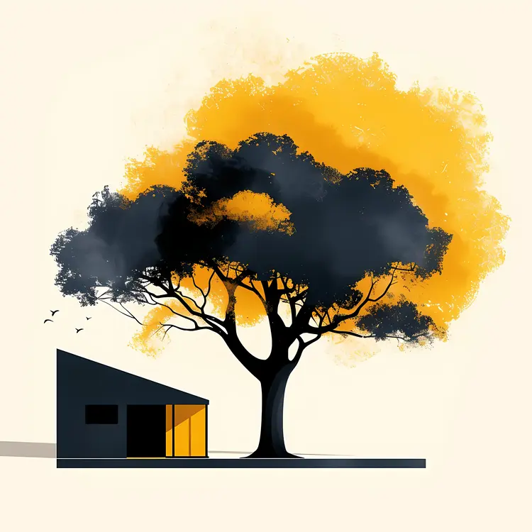 Modern House with Large Yellow and Black Tree