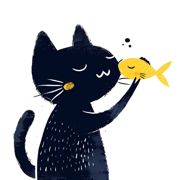 Black Cat Holding a Yellow Fish