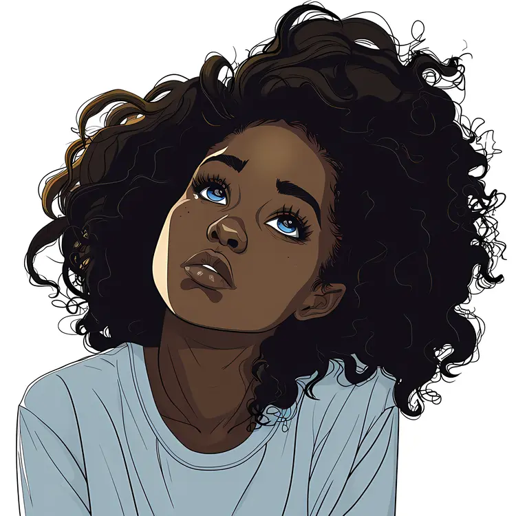 Thoughtful Girl Looking Up with Blue Eyes