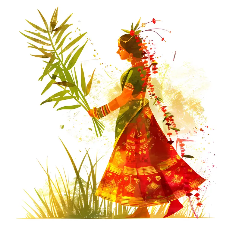 Woman Holding Palm Leaves in Traditional Dress