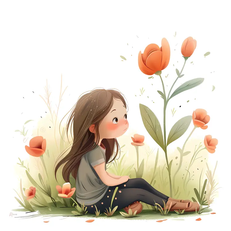 Little Girl Sitting by Orange Flowers