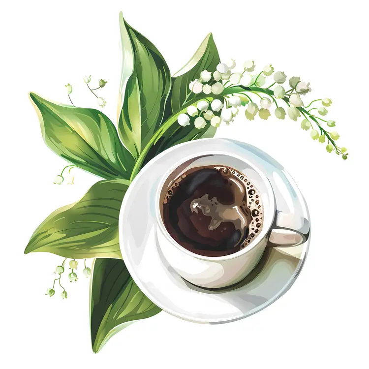 Coffee Cup with Lily of the Valley and Green Leaves