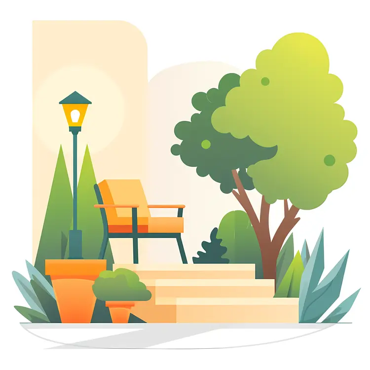 Cozy Park Bench with Lamp Post and Greenery
