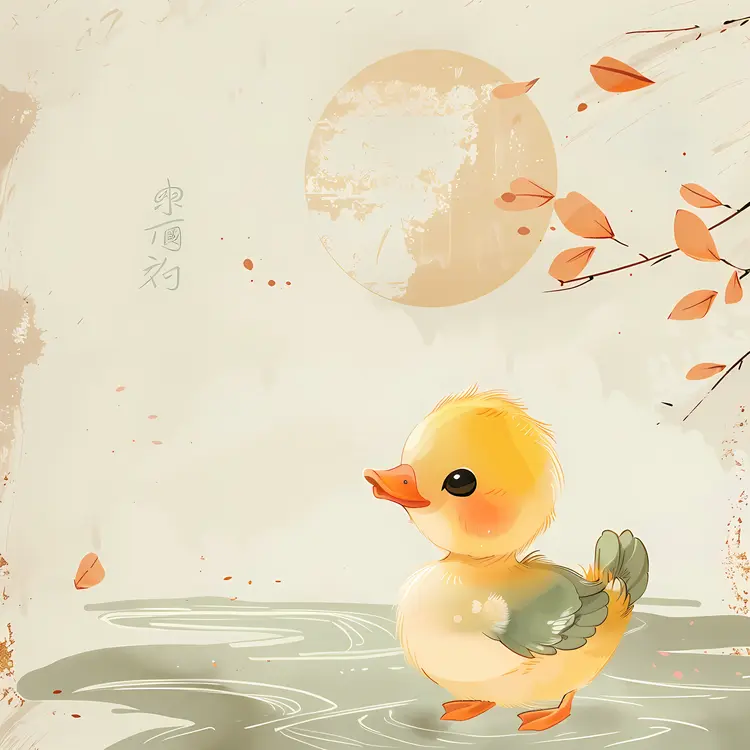 Cute Duckling in Autumn Pond