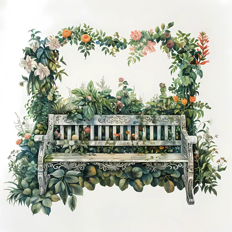 White Bench with Floral Surroundings