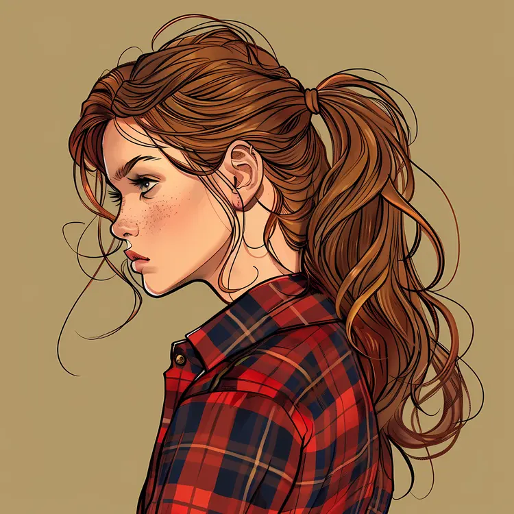 Side profile of a girl with brown hair and plaid shirt