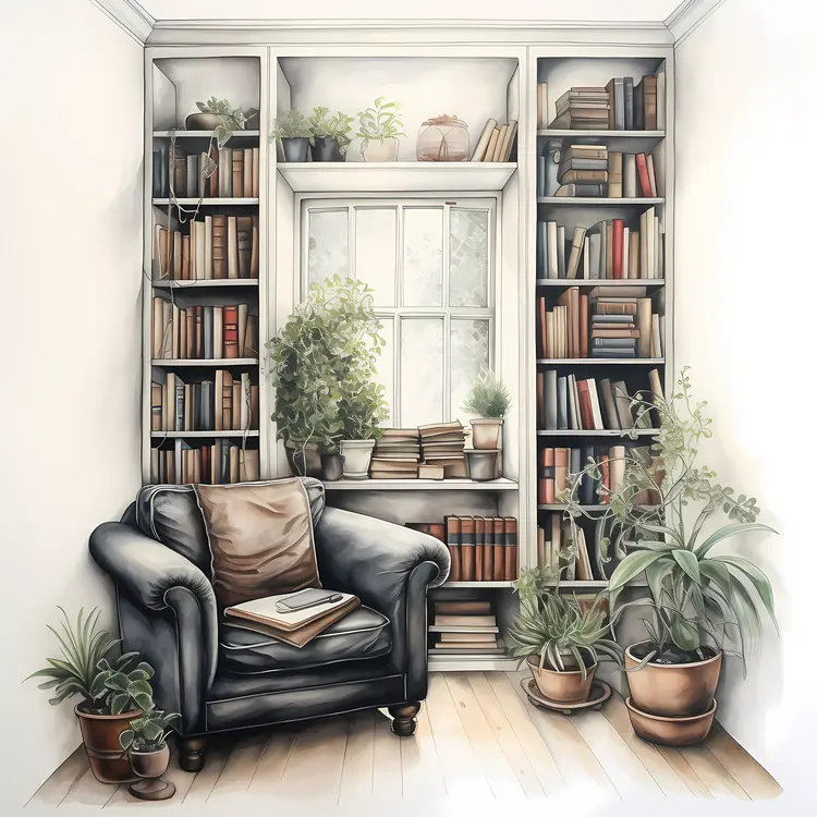 Cozy Reading Nook with Armchair and Bookshelf