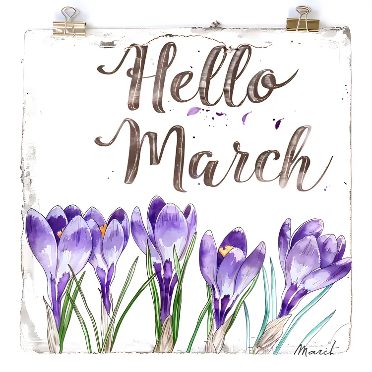 Hello March with Purple Flowers
