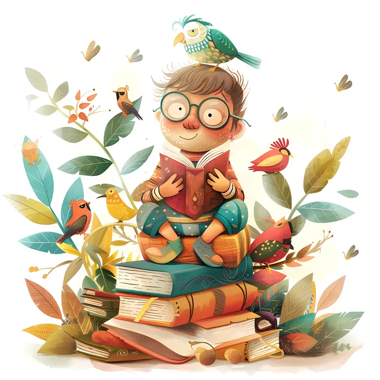 Boy with Glasses Reading Among Birds and Books